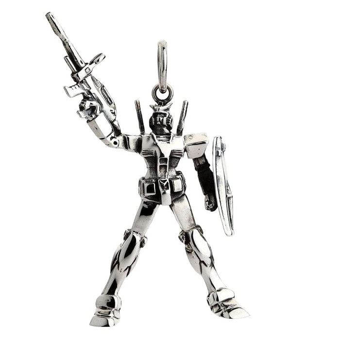 A sterling silver RX-78-2 Gundam pendant in a dynamic pose with its beam rifle and shield.