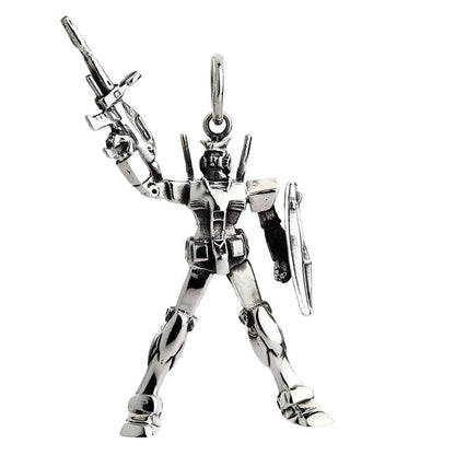 A sterling silver RX-78-2 Gundam pendant in a dynamic pose with its beam rifle and shield.