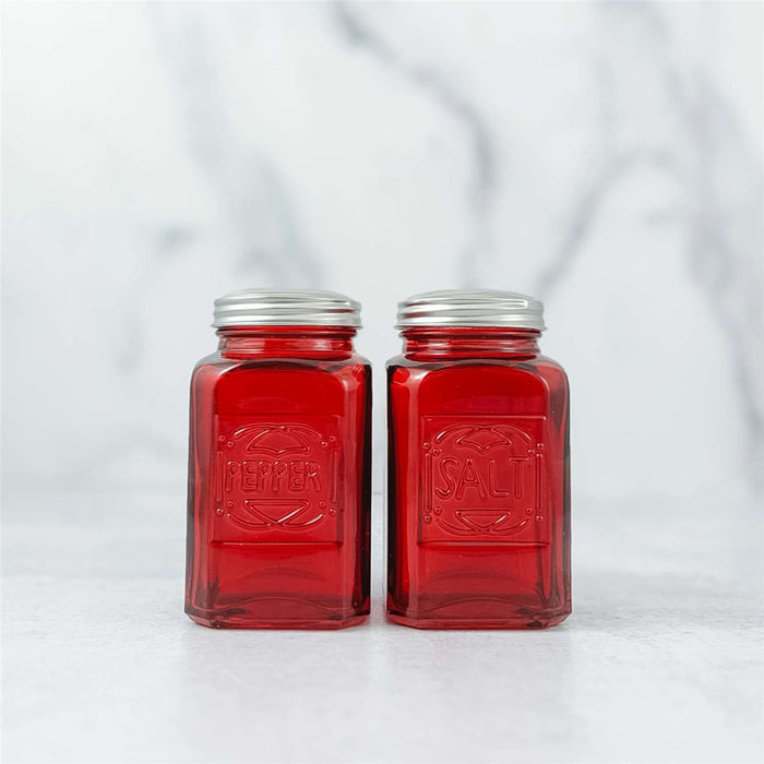 Salt and Pepper Set Red Retro Glass