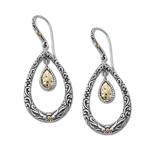 Samuel B. Sterling Silver and 18K Yellow Gold Floral and Hammered Design Open Teardrop Lopok Earrings. Our Sterling Silver 18k solid Gold hammer design tear drop earrings with stud, handcrafted in Bali by our skilled artisans. From our Bali Privé™ collection which embodies the 2021 PANTONE™ Colors of the Year, showcasing the perfect combination of sterling silver and solid 18k gold.