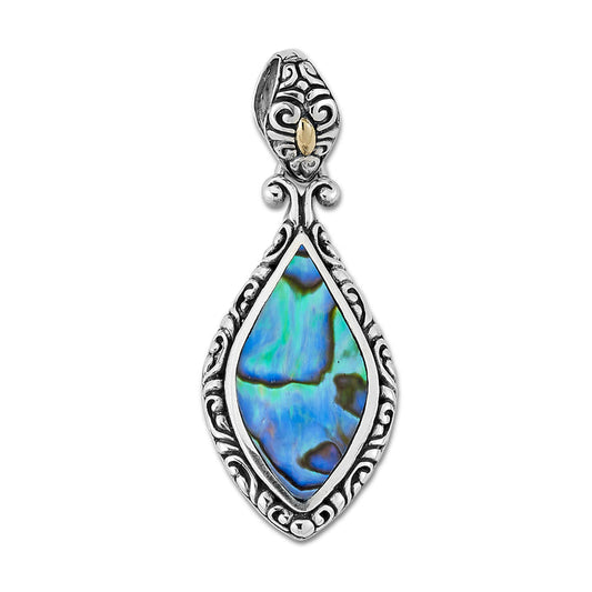 Samuel B. Sterling Silver and 18K Yellow Gold Marquise Shape Abalone Balinese Design Banta Pendant. Our Sterling Silver 18k solid Gold abalone marquise shape pendant with filigree design, handcrafted in Bali by our skilled artisans. The Gems of the Sea collection is inspired by the beauty of the white beaches, sparkling sea and the flourishing coral reefs of Bali.
