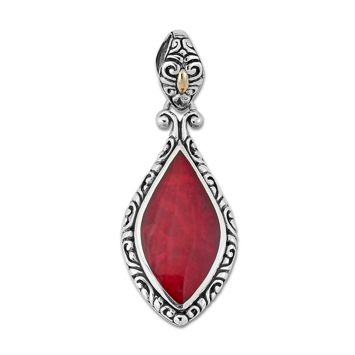 Samuel B. Sterling Silver Balinese Design Marquise Shape Coral Banta Pendant. Our Sterling Silver 18k solid Gold coral marquise shape pendant with filigree design, handcrafted in Bali by our skilled artisans. The Gems of the Sea collection is inspired by the beauty of the white beaches, sparkling sea and the flourishing coral reefs of Bali.