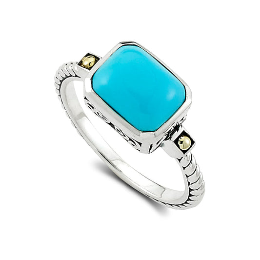 Samuel B Eirini Emerald Cut Cabachon Sleeping Beauty Turquoise Ring, Size 8. Our Sterling Silver and 18k yellow gold ring with sleeping beauty turquoise is handcrafted in Bali by our skilled artisans. From our signature collection, Royal Bali™ featuring designs handcrafted using sterling silver, solid 18k gold accents and genuine gemstones.
