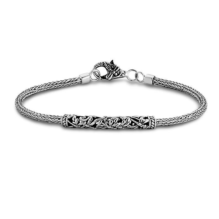 Samuel B. Sterling Silver Sarik Bar Bracelet with Dragonfly Design and Tulang Naga Chain, 7". Handcrafted in Bali by our skilled artisans. From our Thai Tribal™ collection, a completely artisan crafted, intricate, sterling silver collection inspired by the dreamscapes of Thailand.
