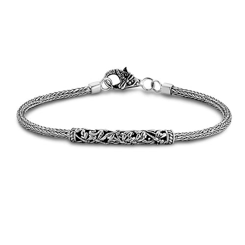 Samuel B. Sterling Silver Sarik Bar Bracelet with Dragonfly Design and Tulang Naga Chain, 7". Handcrafted in Bali by our skilled artisans. From our Thai Tribal™ collection, a completely artisan crafted, intricate, sterling silver collection inspired by the dreamscapes of Thailand.
