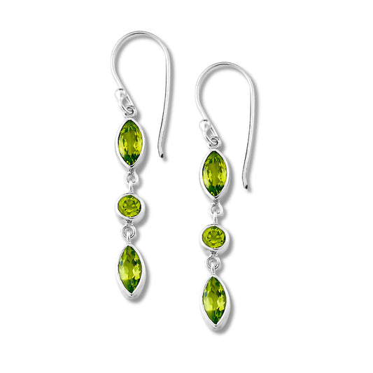Samuel B. Sterling Silver Mahawu Round and Marquise Shape Peridot Drop Earrings. Our Sterling Silver peridot marquise shaped earrings with round center, are handcrafted in Bali by our skilled artisans. From our signature collection, Royal Bali™ featuring designs handcrafted using sterling silver and genuine gemstones.