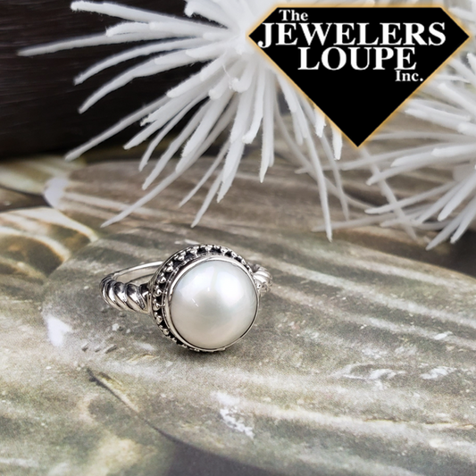 Samuel B. Sterling Silver and White Mabe Pearl Ring with cable style shank.