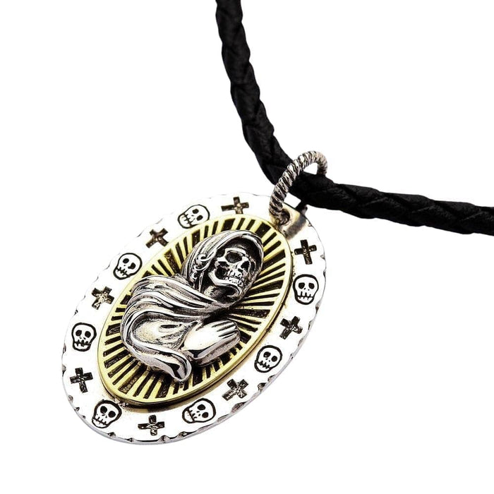 A powerful biker pendant featuring the revered folk saint Santa Muerte, a symbol of protection on the road.