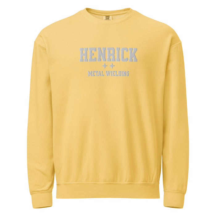 Sawyer Henrick Embroidered Fleece Crewneck Sweatshirt - The Bean Workshop - Basgiath, Booktok, Cozy Reader, Embroidered Bookish Sweatshirt, Empyrean Series, Fantasy Apparel, Fourth Wing Merch, Henrick Metal Wielding Fleece Sweatshirt, Iron Flame, Premium, Romantasy, Signet Power, sweatshirt, White Embroidery