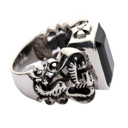 Sterling silver rampant lion ring with iron cross accents and black stone