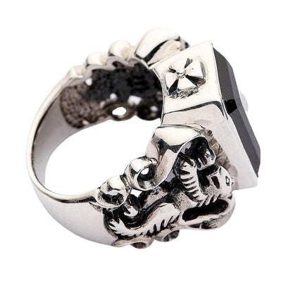 Handcrafted gothic lion ring with black CZ stone left side view