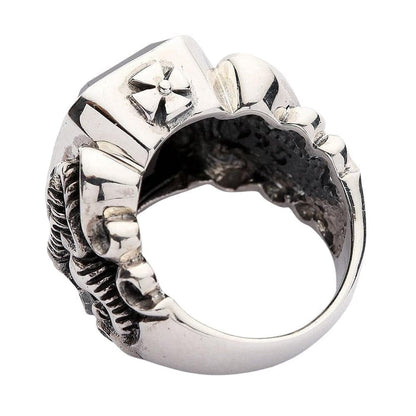 Celtic rampant lion ring with black stone showing band interior and craftsmanship
