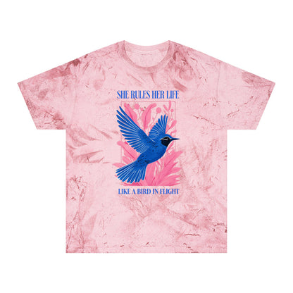 She Rules Her Life Bird In Flight Lyrics Tee — Inspirational Blue Bird Graphic T-Shirt NEW
