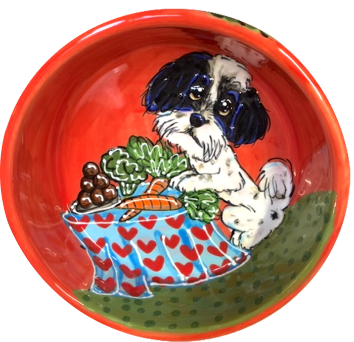 photo of black and white Shih Tzu sitting at table of food, domestic dog designs, by Debby Carman, faux paw petique