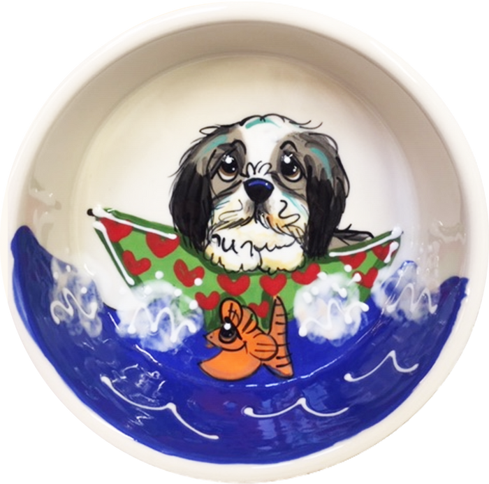 photo of ceramic dog bowl with black and white Shih Tzu in a small boat by Debby Carman, faux paw petique
