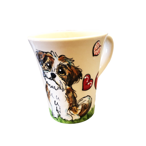 Shih Tzu puppy on ceramic dog mug with hearts hand painted by Debby Carman