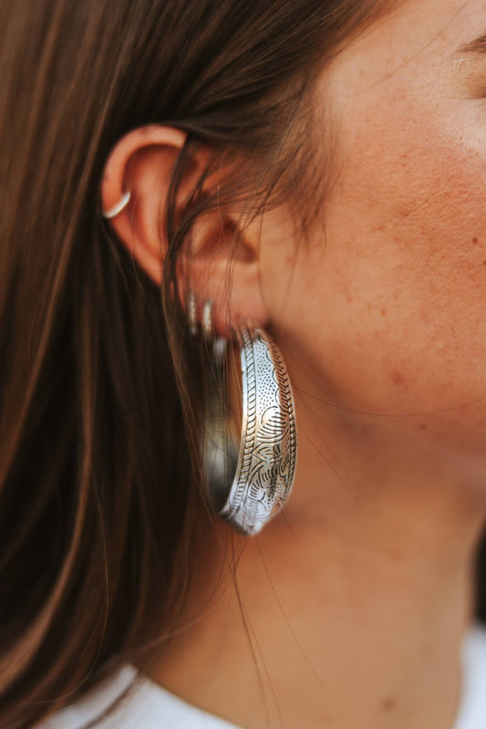 Faux Silver Aztec Textured Hoops