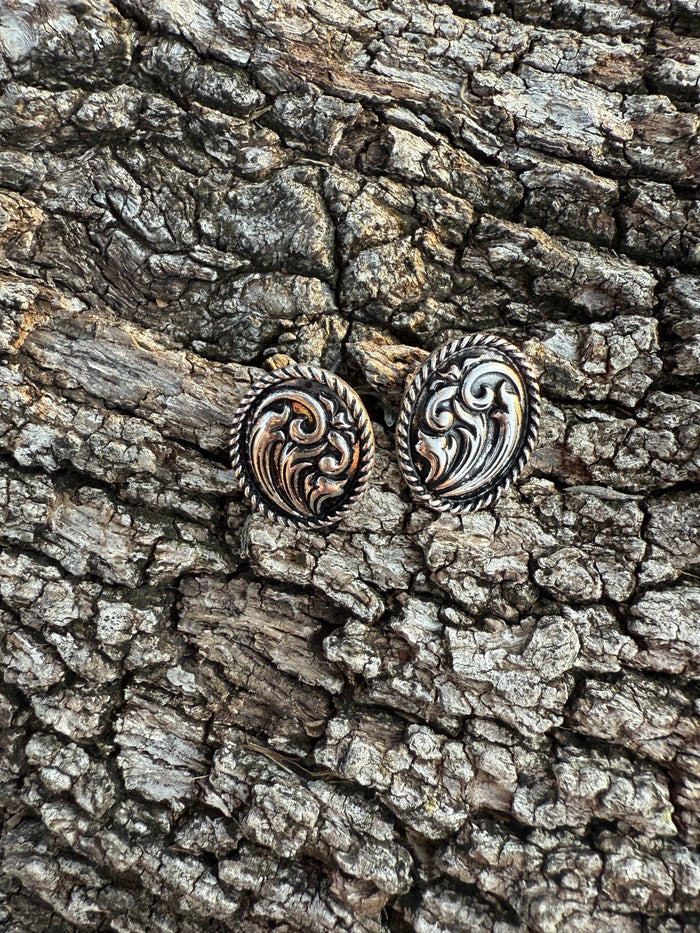 Silver Tooled Oval Studs