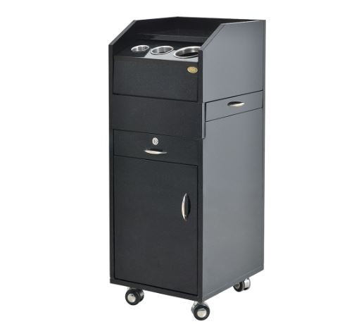 DIR Simplex Trolley Cart: black, lockable salon cart with wheels, drawers, and organizer cups.