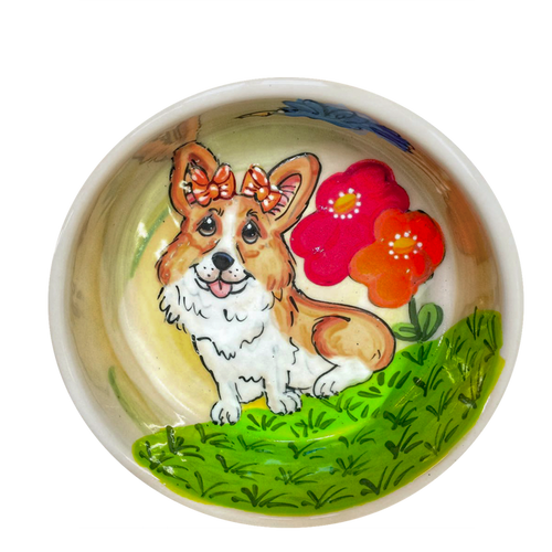 Welsh Corgi on ceramic food and water bowl hand painted by Debby Carman / faux paw productions