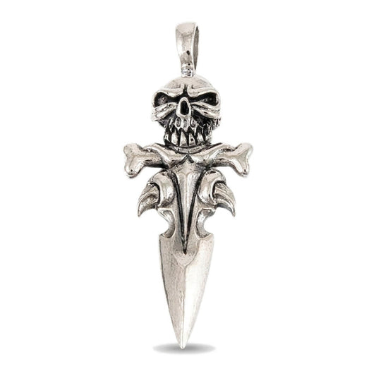 Front view of .925 sterling silver skull bone dagger pendant, skull pommel above a crossed-bone guard and tapered blade