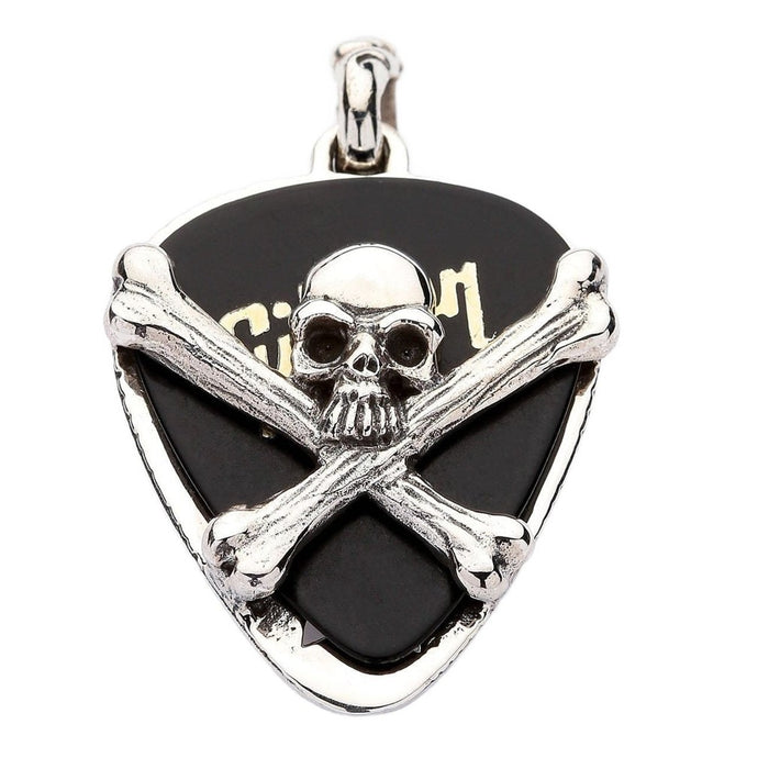 Sterling silver skull and crossbones guitar pick holder pendant front view with black Gibson pick inserted