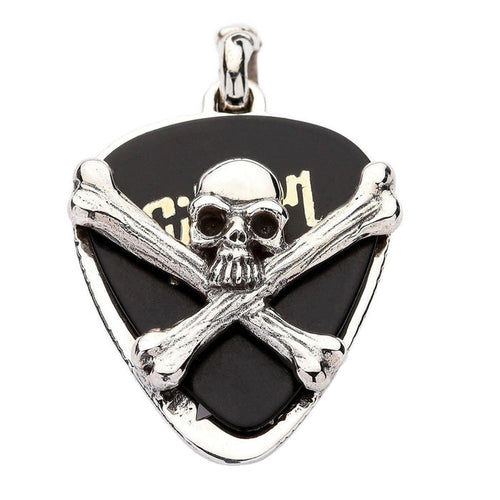 Sterling silver skull and crossbones guitar pick holder pendant front view with black Gibson pick inserted