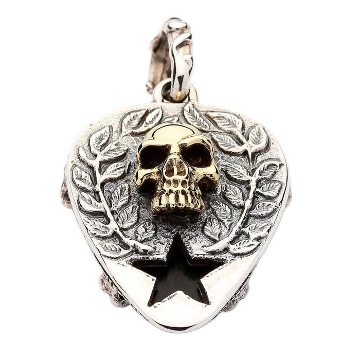 Gothic skull pendant with brass skull and sterling silver laurel wreath design star cutout