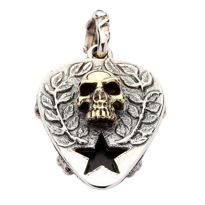 Gothic skull pendant with brass skull and sterling silver laurel wreath design star cutout