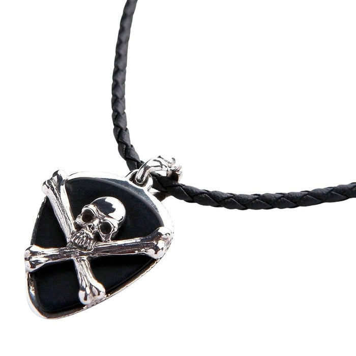 Skull and crossbones pick holder pendant on black braided leather cord necklace