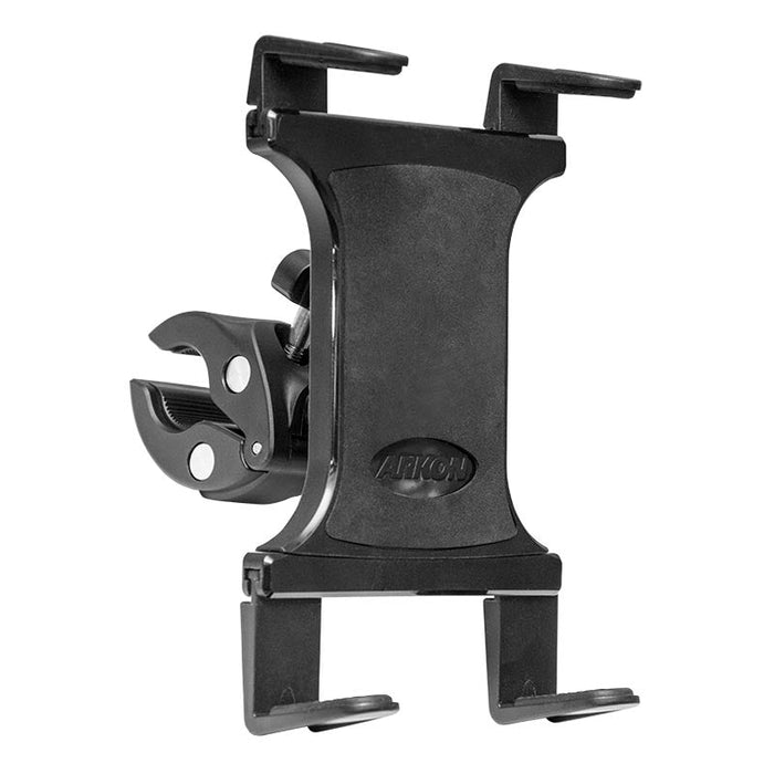 The Slim-Grip® Tablet Clamp Mount securely attaches your tablet to stationary bicycles, treadmills, ellipticals, or spin bikes with adjustable padded grips and a clamp mechanism. The Arkon logo is visible on the front.