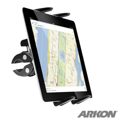 The Slim-Grip® Tablet Clamp Mount for Stationary Bicycle, Treadmill, Elliptical, and Spin Bike firmly holds a tablet showing a map on a clamp attached to a surface. The Arkon logo is featured in the bottom right corner.