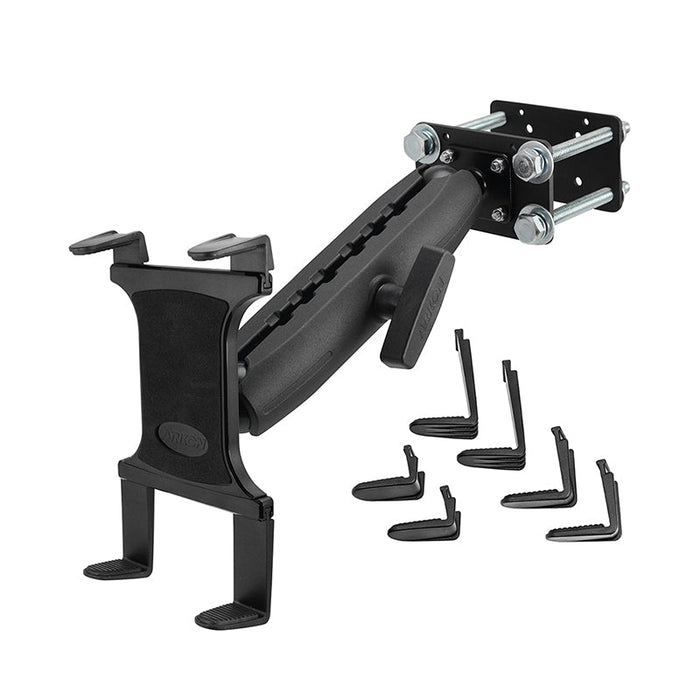 The Slim-Grip® Tablet Holder with Forklift Front Guard Mount and 10.25 metal arm, featuring removable corner grips and an adjustable cradle clamp, is shown in black and silver against a white background.