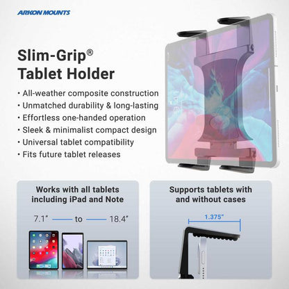 A promo graphic for the Slim-Grip® Tablet Holder with Forklift Front Guard Mount and 10.25 Metal Arm displays its rugged, transparent grip on a tablet and highlights composite build, one-handed use, compact size, and fit for 7.1–18.4 tablets.