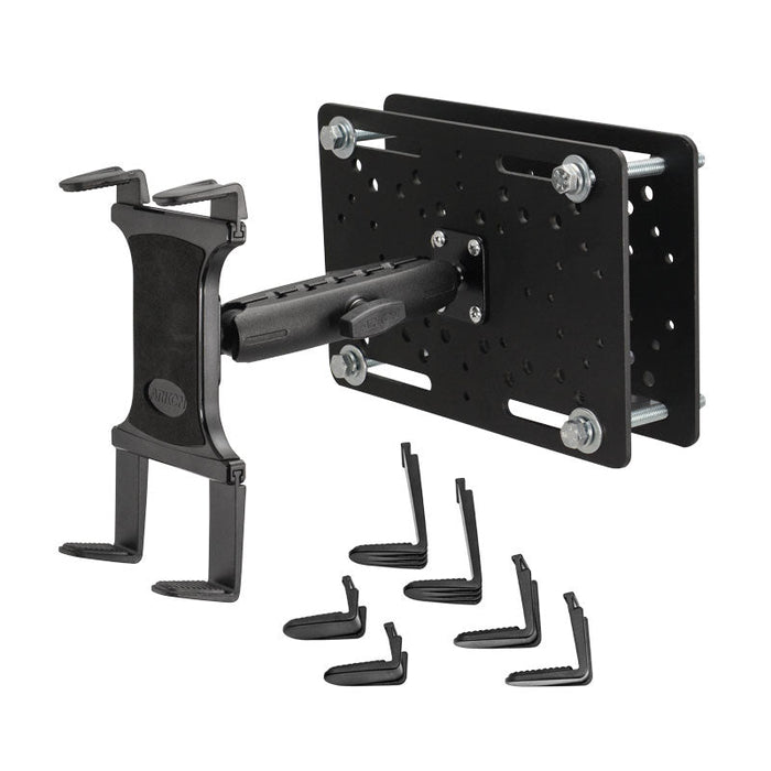 The Slim-Grip® Tablet Holder with Forklift Overhead Guard Mount and 6 Metal Shaft is a black, metal wall-mount bracket with an extendable arm, six interchangeable mounting clips, and multiple mounting holes for rugged tablet use.