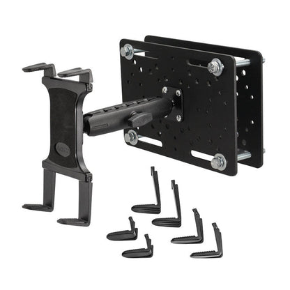 The Slim-Grip® Tablet Holder with Forklift Overhead Guard Mount and 6 Metal Shaft is a black, metal wall-mount bracket with an extendable arm, six interchangeable mounting clips, and multiple mounting holes for rugged tablet use.