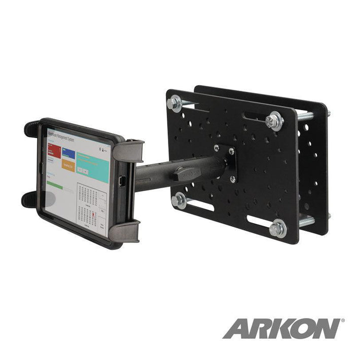 A Slim-Grip® Tablet Holder with Forklift Overhead Guard Mount and 6 Metal Shaft securely holds a tablet in landscape mode, featuring adjustable arms and a perforated backplate with bolts for solid mounting.