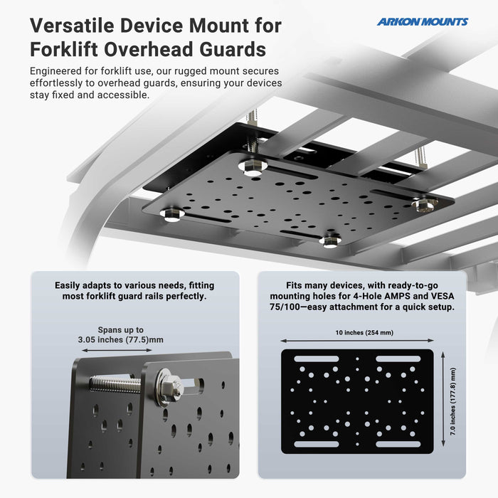 The Slim-Grip® Tablet Holder with Forklift Overhead Guard Mount and 6 Metal Shaft installs on an overhead guard, featuring adjustable options, multiple mounting hole patterns, and measurements for adaptability to different guards and device compatibility.