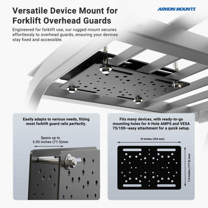 The Slim-Grip® Tablet Holder with Forklift Overhead Guard Mount and 6 Metal Shaft installs on an overhead guard, featuring adjustable options, multiple mounting hole patterns, and measurements for adaptability to different guards and device compatibility.