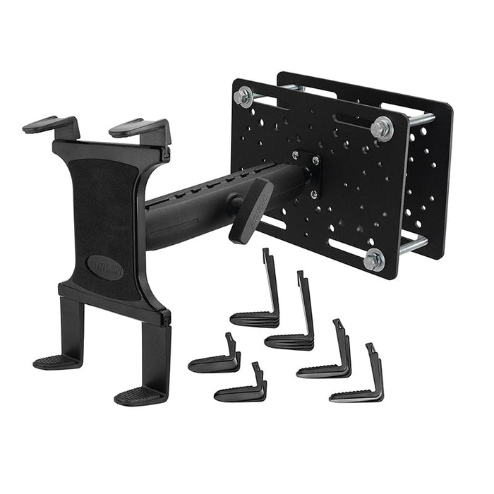 The Slim-Grip® Tablet Holder with Forklift Overhead Guard Mount and 8.5 Metal Shaft is a rugged, adjustable mount with an extendable arm and detachable grips, ideal for securely holding tablets in warehouse or industrial settings.
