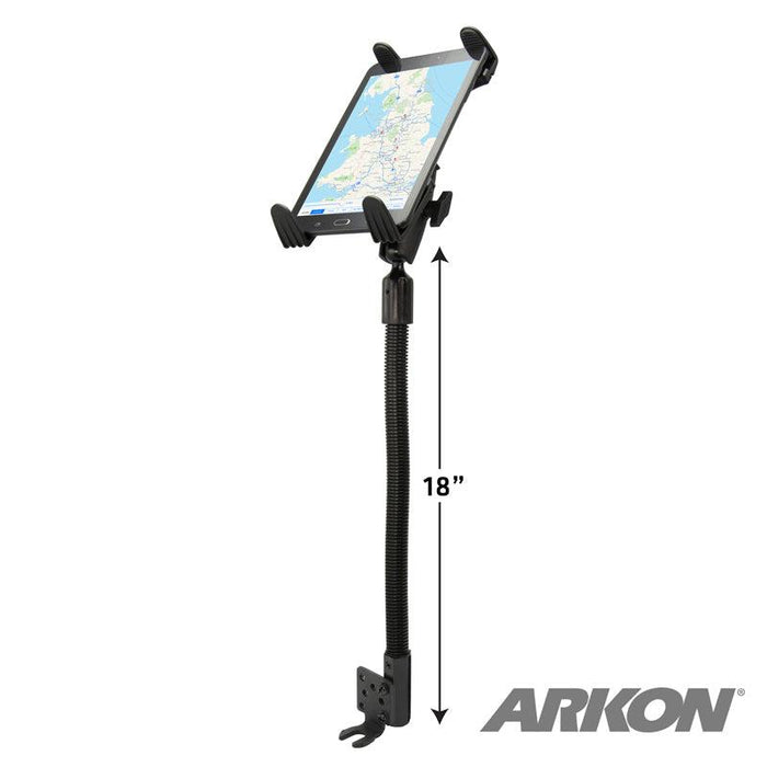 The Slim-Grip® Tablet Holder with Seat Rail Mount and 18 bendable arm is perfect as a truck tablet mount. It displays a tablet with a map on screen, featuring the ARKON logo in the lower right corner.