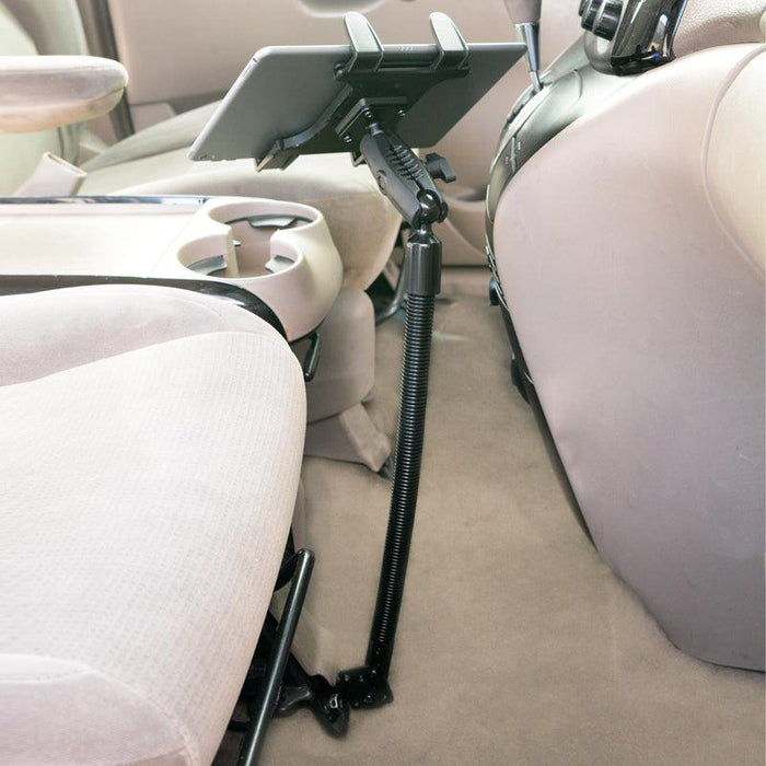 The Slim-Grip® Tablet Holder with Seat Rail Mount and 18 Bendable Arm mounts to your car’s seat rail, offering flexible adjustment to perfectly position your tablet for backseat viewing.