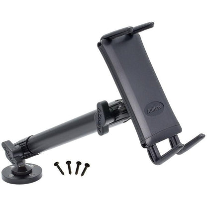 The Slim-Grip® Ultra Heavy-Duty Drilled-Base Midsize Tablet Mount includes a drilled base, adjustable holder, swivel arm for flexible positioning, and four screws for secure wall or desk installation.