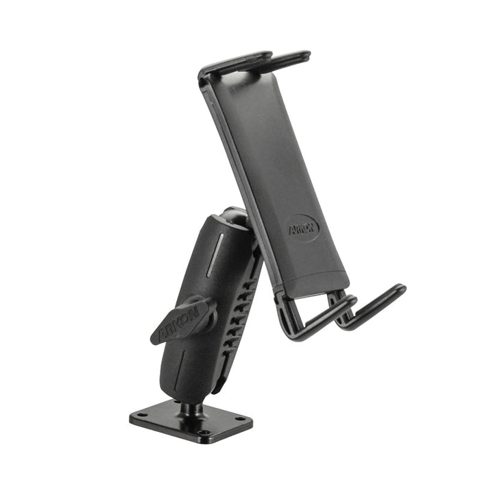 The Slim-Grip® Ultra Robust Tablet or Phone Mount with Metal AMPS Base is a black adjustable holder with an angled arm and spring-loaded grip for secure mounting on flat surfaces.