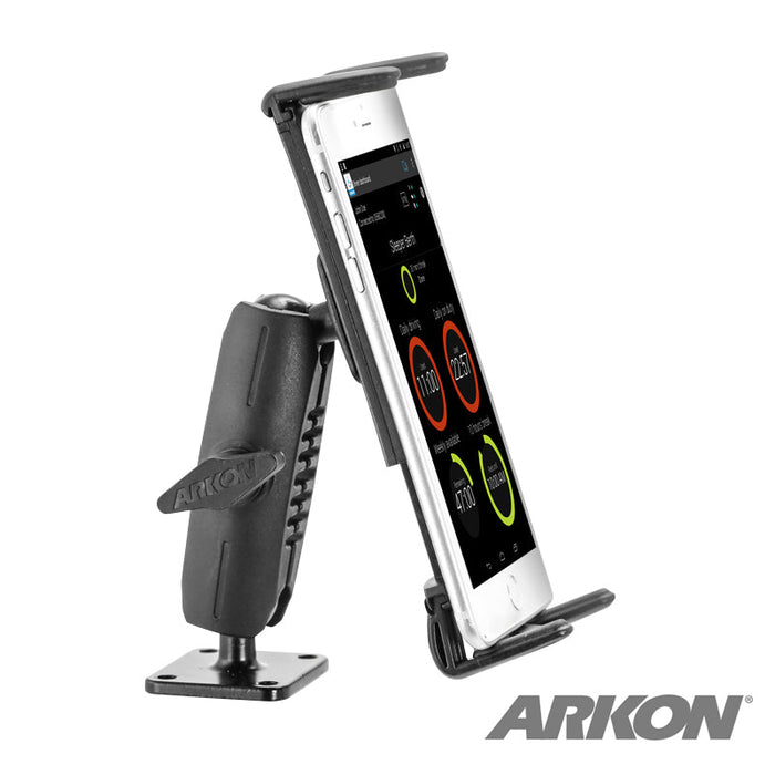 A black Slim-Grip® Ultra Robust Tablet or Phone Mount with Metal AMPS Base holds a smartphone upright, displaying an app with circular graphics. The versatile mount is shown clearly, with the Arkon logo visible at the bottom right corner.