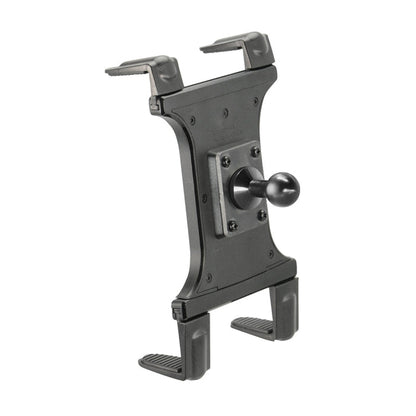 The Slim-Grip® Universal Tablet Holder with 20mm Metal Ball features spring-loaded top and bottom grips and a central 20mm ball mount for versatile angling or secure mounting on stands or dashboards.