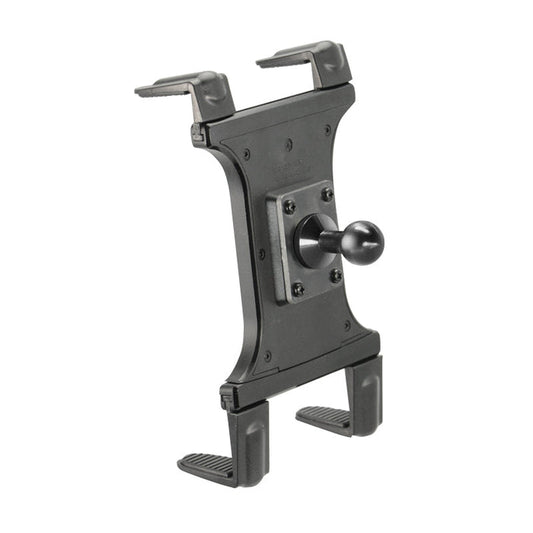 The Slim-Grip® Universal Tablet Holder with 20mm Metal Ball features spring-loaded top and bottom grips and a central 20mm ball mount for versatile angling or secure mounting on stands or dashboards.