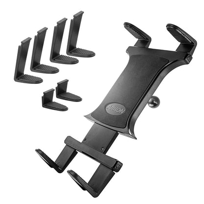 A Slim-Grip® Universal Tablet Holder with 20mm metal ball and six detachable grip attachments is displayed beside it on a white background, featuring an adjustable design for versatile use.