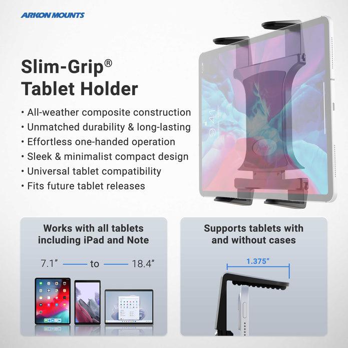 Promotional image for the Slim-Grip® Universal Tablet Holder with 20mm Metal Ball, featuring a durable, compact design and compatibility with 7.1–18.4-inch tablets (with or without cases).