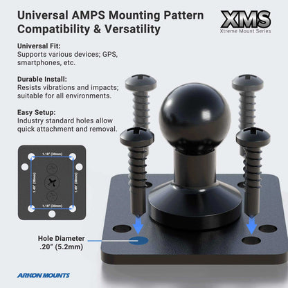 Diagram of the Heavy-Duty Multi-Angle Drill-Base Mounting Pedestal with 8 Arm - Dual-T Compatible shows the AMPS pattern mount (4 screws, 0.20”/5.2mm holes), universal fit, easy install, and Arkon Mounts branding.